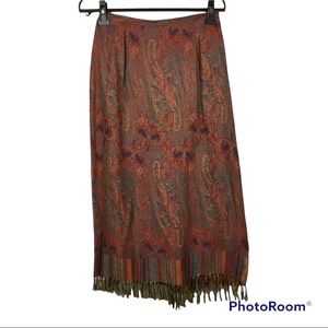 woven multi colored tapestry skirt with fringe hem
